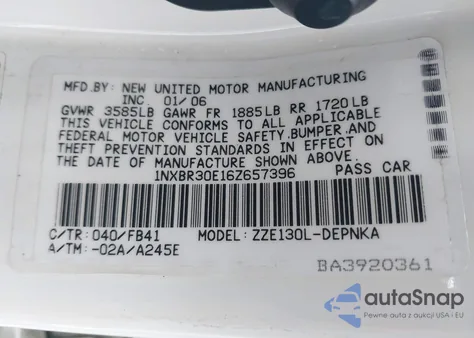 2006 Toyota Corolla Le from USA, damaged, VIN 1NXBR30E16Z657396